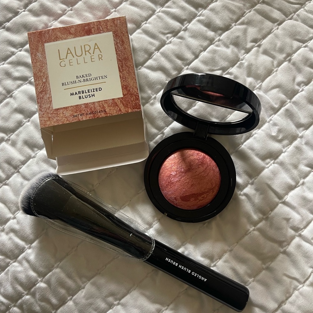 New Laura Geller Baked Blush-N-Brighten Marbleized Blush and Angled Blush Brush